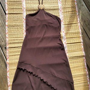 Brown dress, ruffle trim & bamboo neck piece